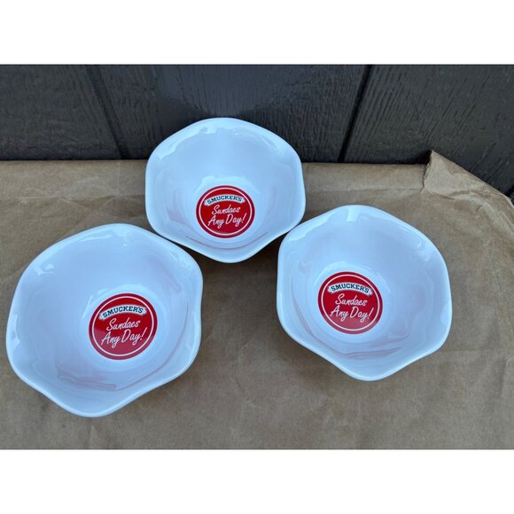 Smuckers Sundae Any Day White Ceramic Ice Cream Dessert Bowls Set Of 3 - Picture 1 of 5